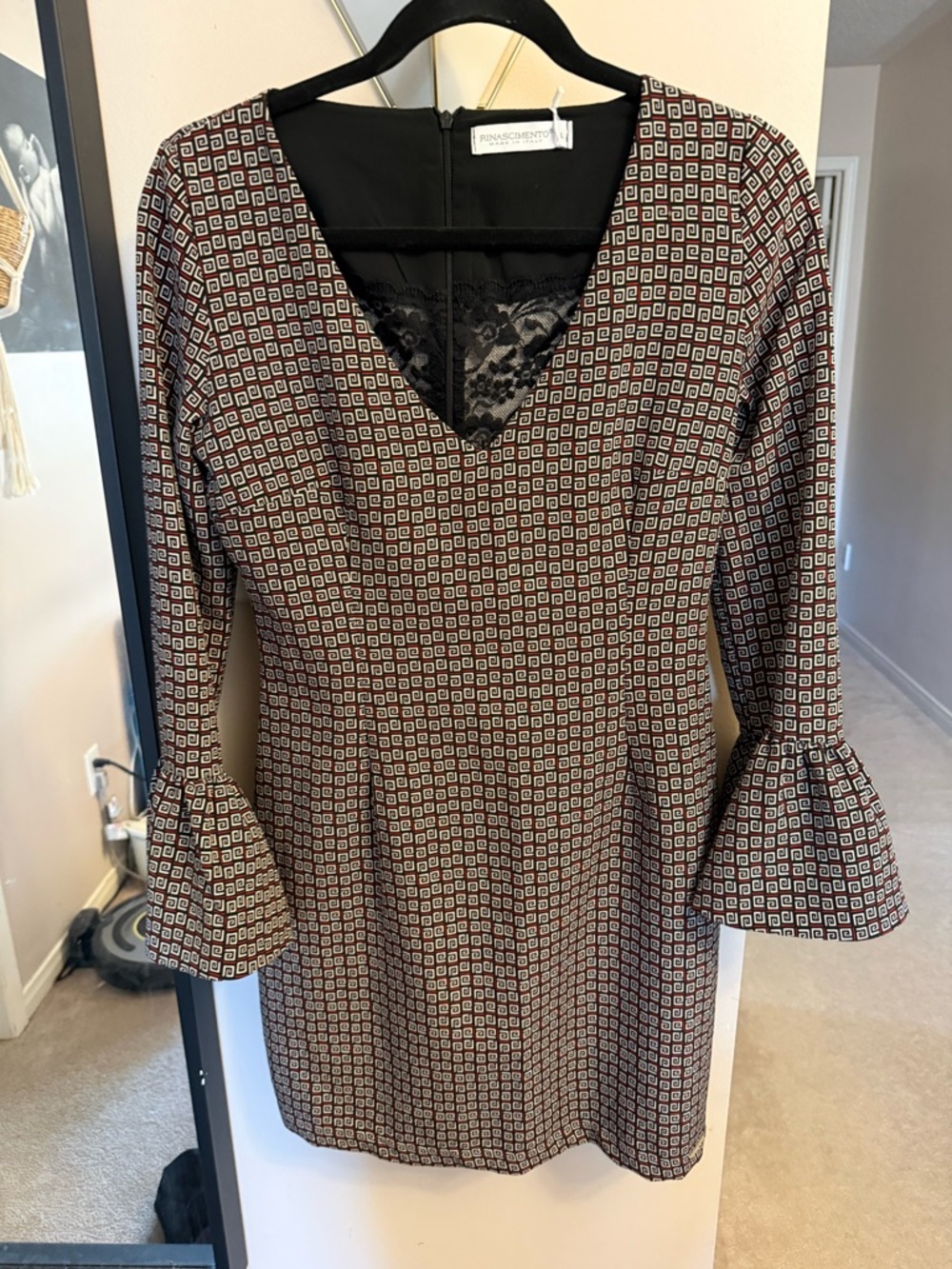 Rinascimento Burgundy & Black Geometric V-Neck Dress with Lace